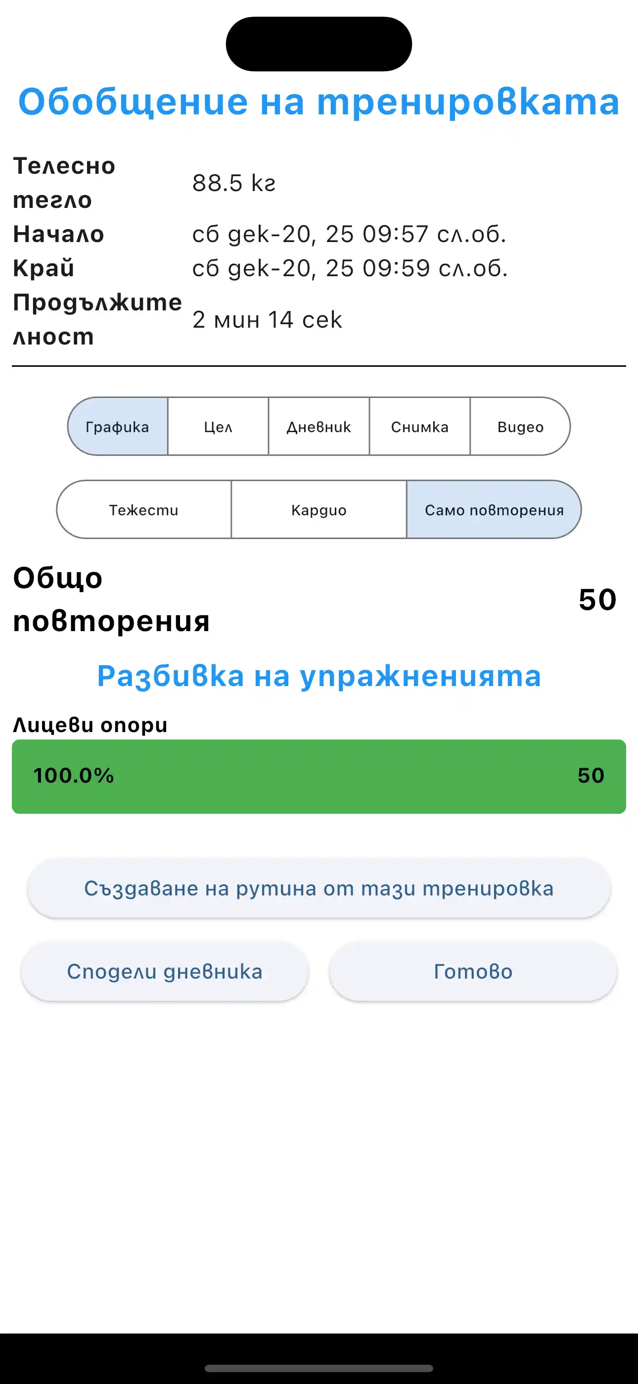 Обобщение на тренировка Reps Only