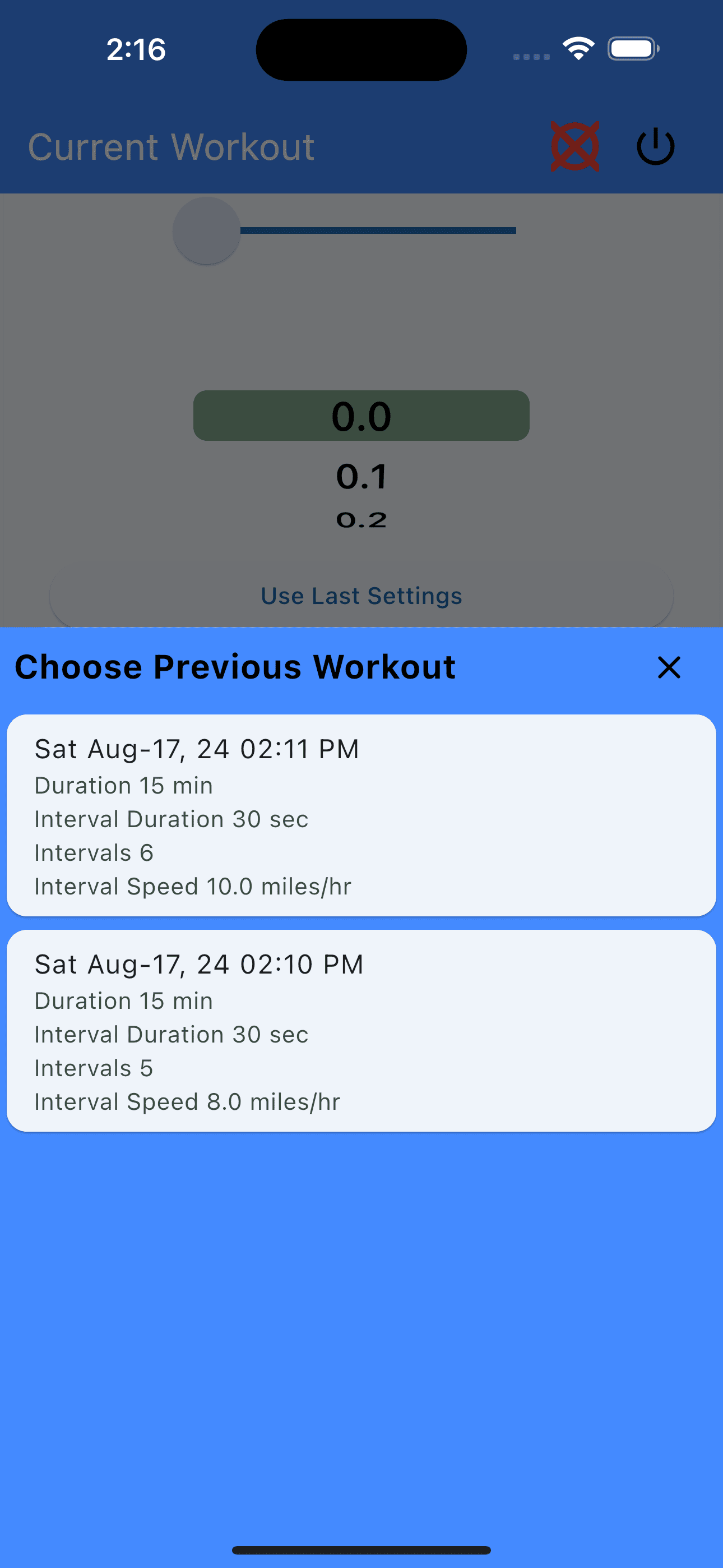 Choose Last Settings Cardio Intervals Hiit