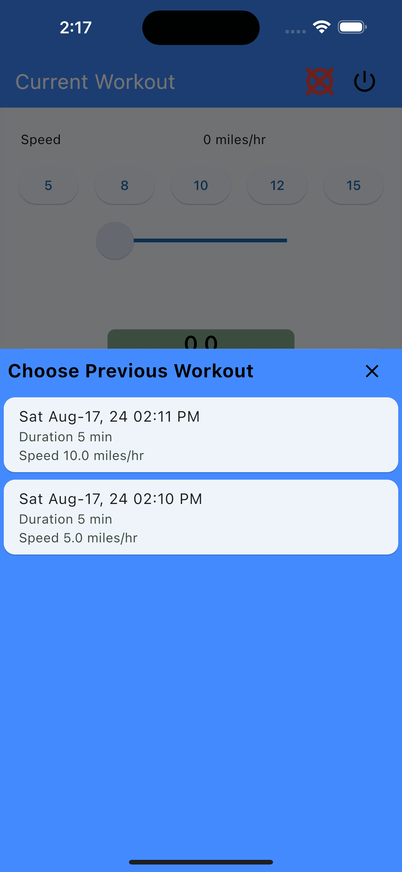 Choose Last Settings Cardio Warmup