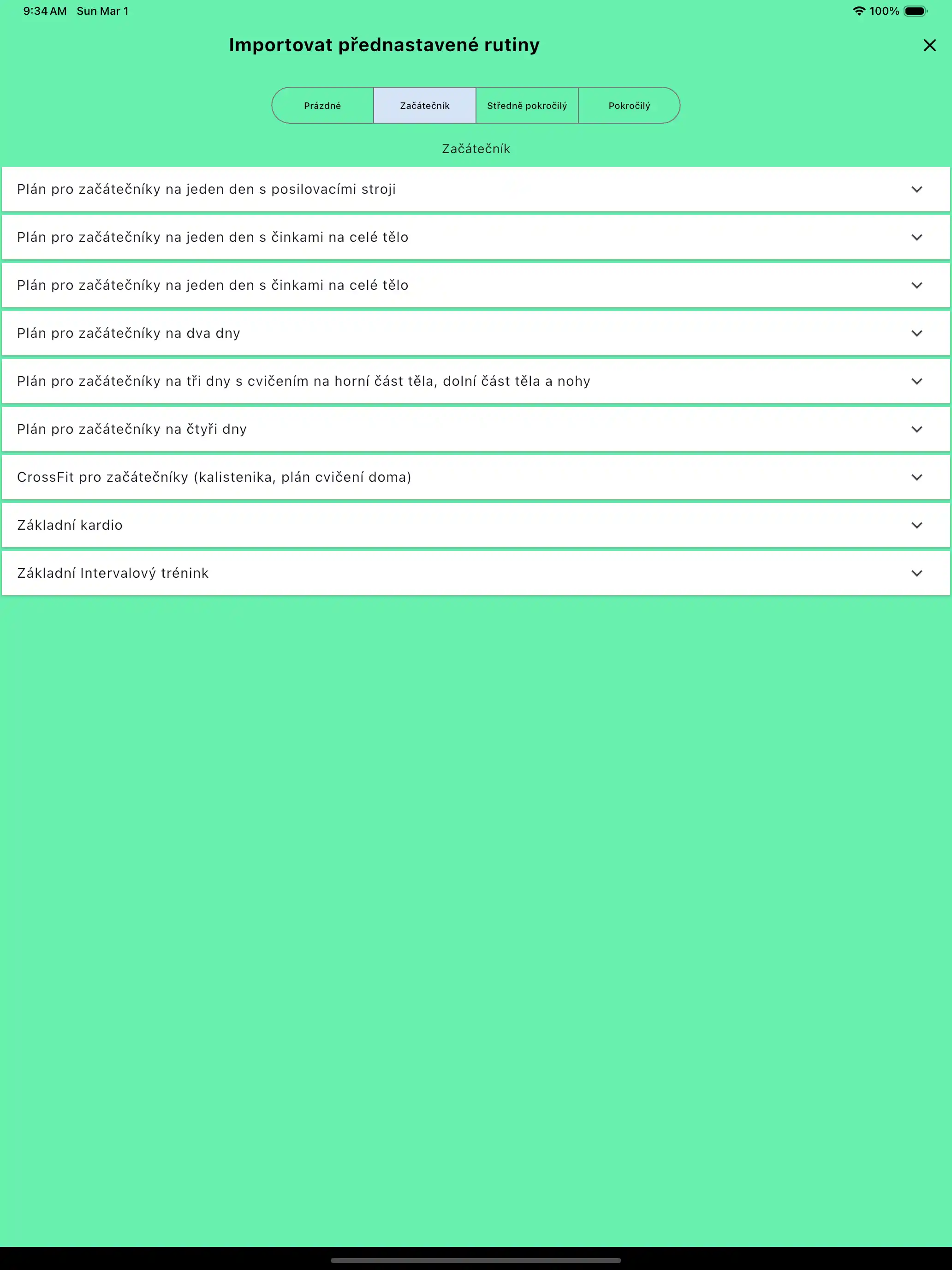 Import výchozích šablon rutin tablet