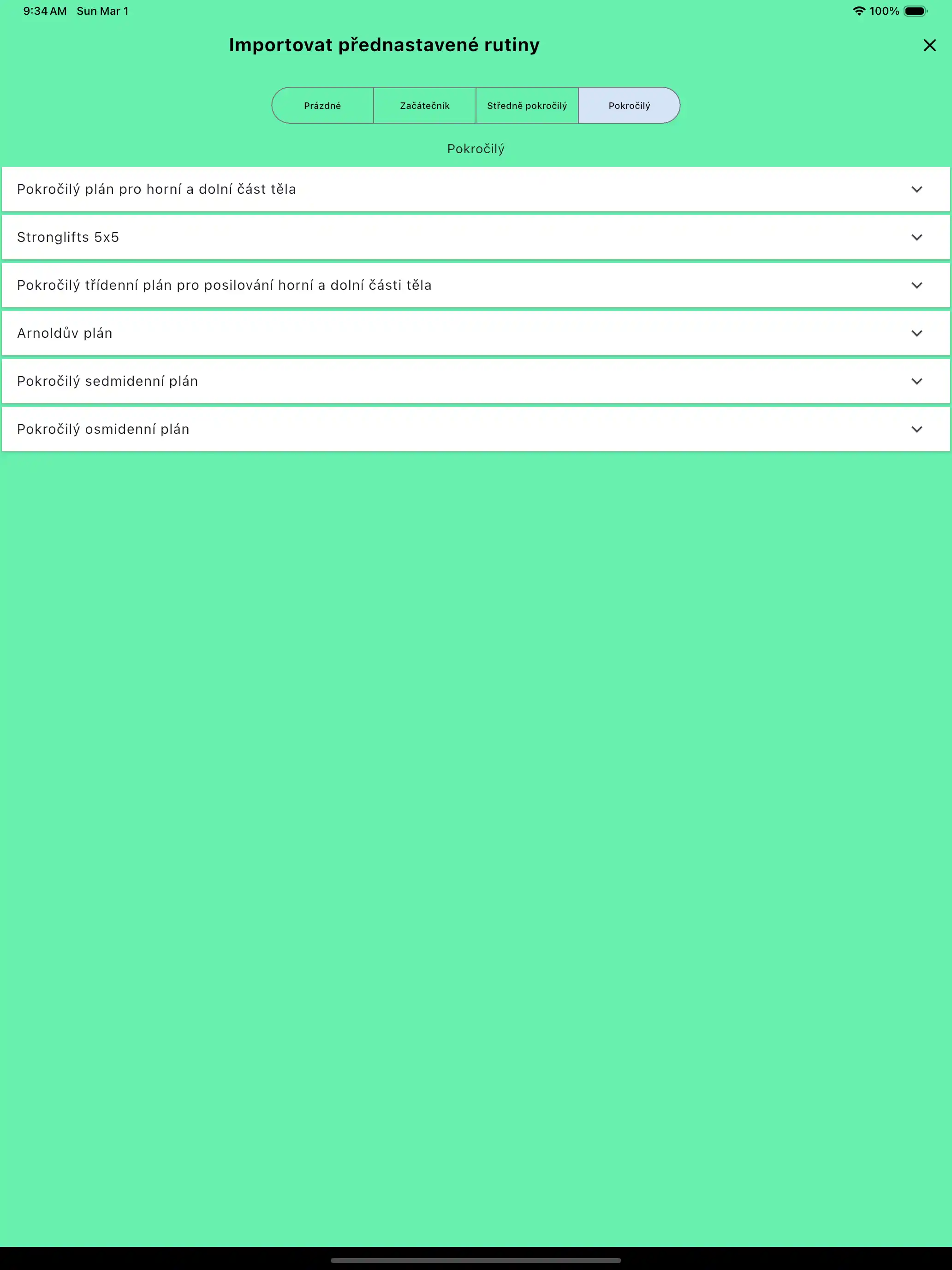 Import výchozích šablon rutin tablet