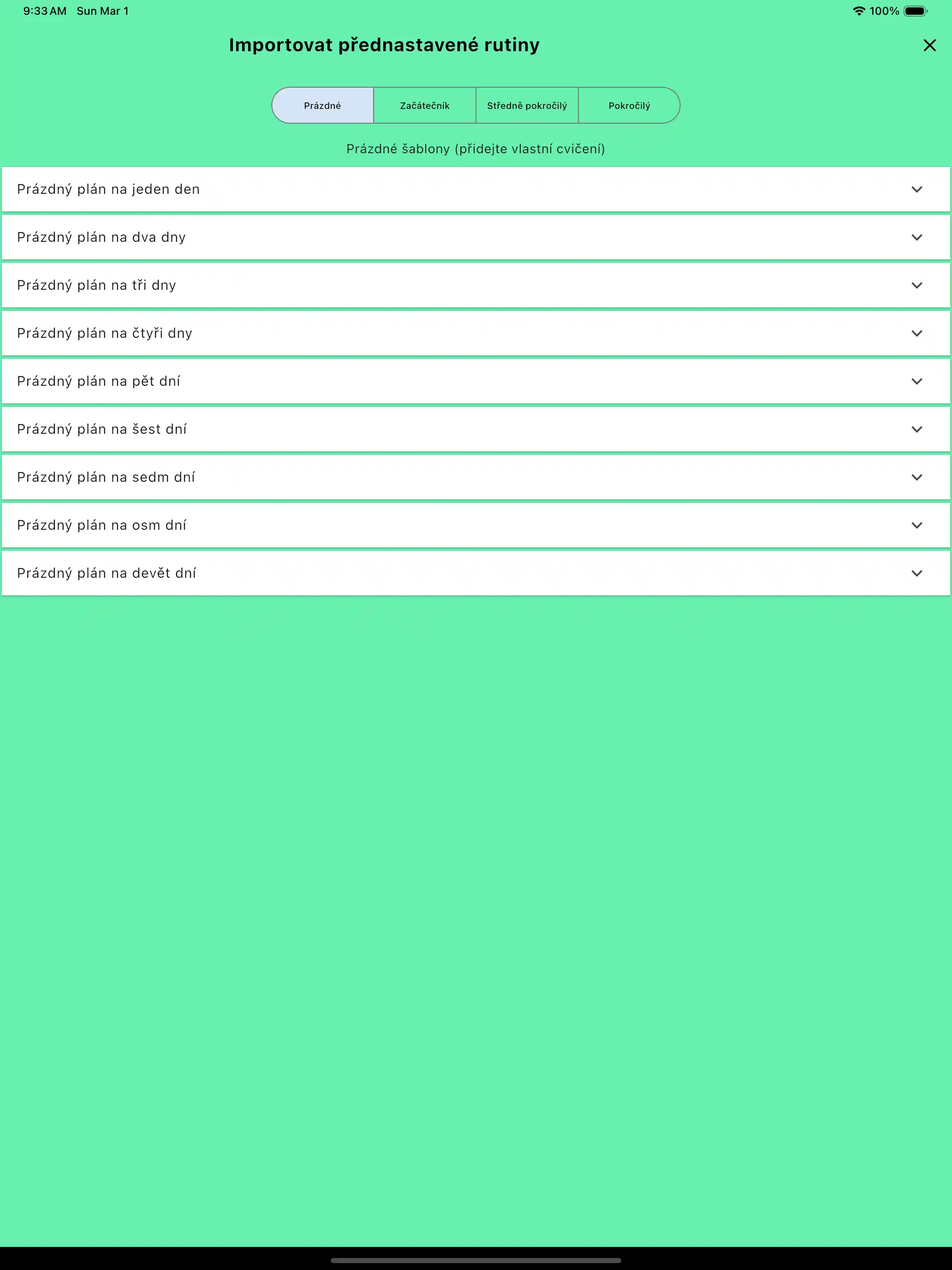 Import přednastavených prázdných rutin tablet