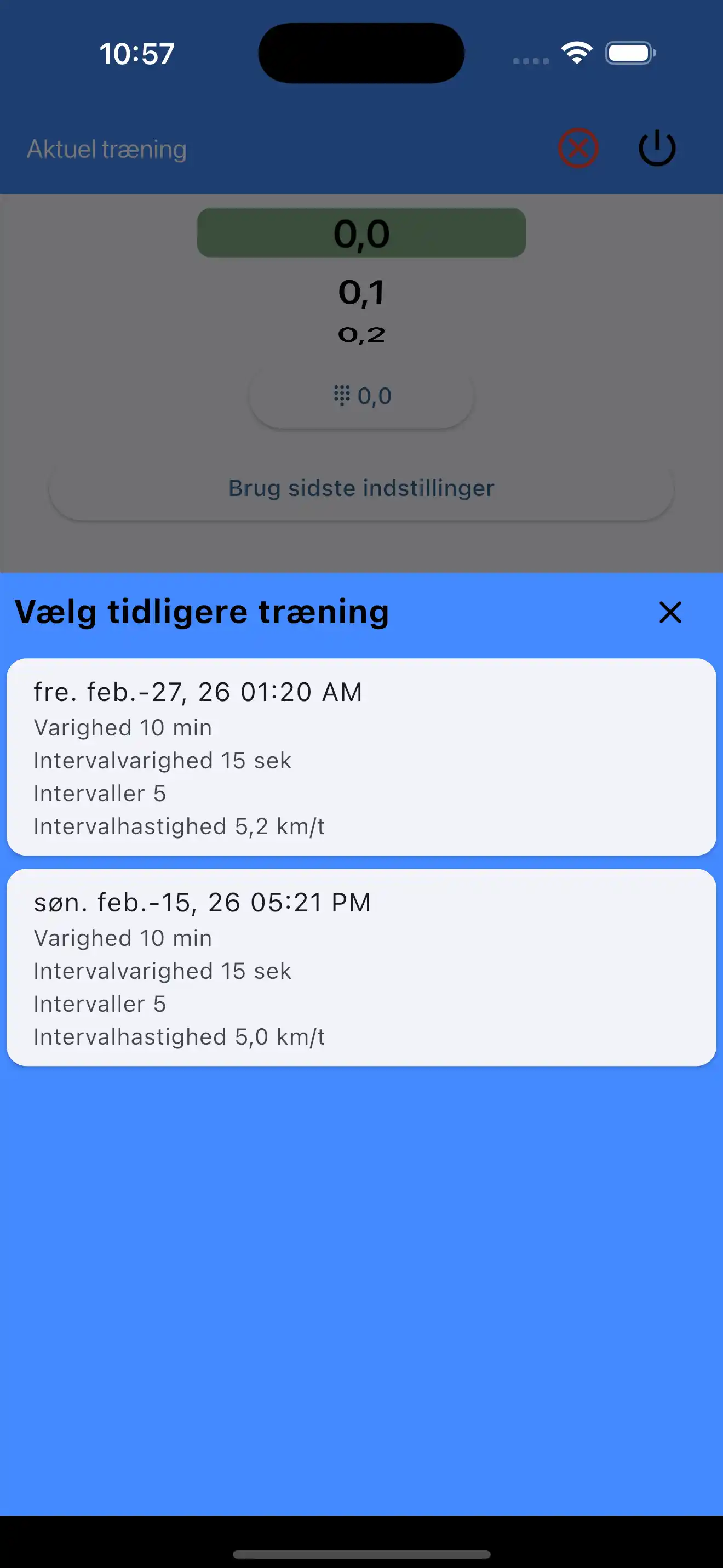 Vælg Sidste Indstillinger Cardio Intervaller HIIT