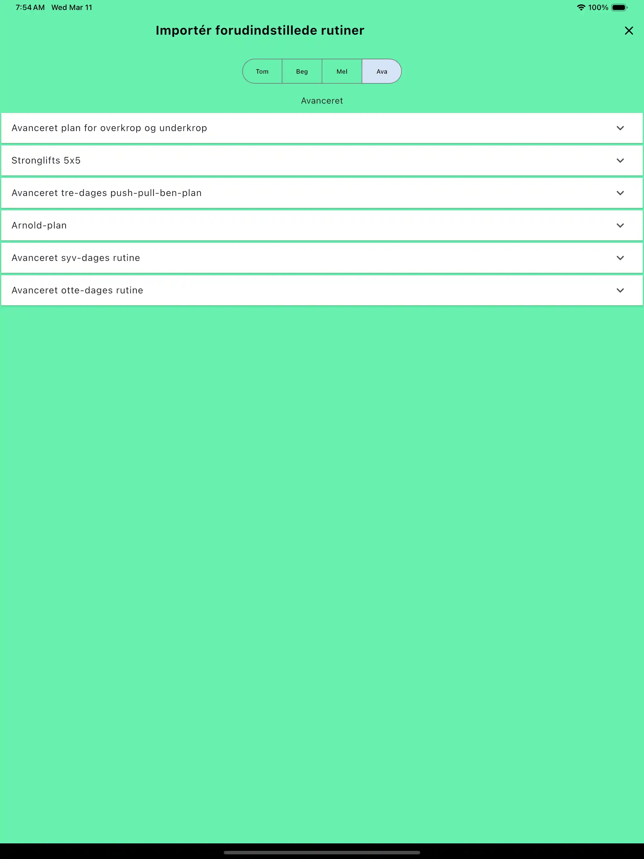 Rutiner importer standard skabeloner tablet
