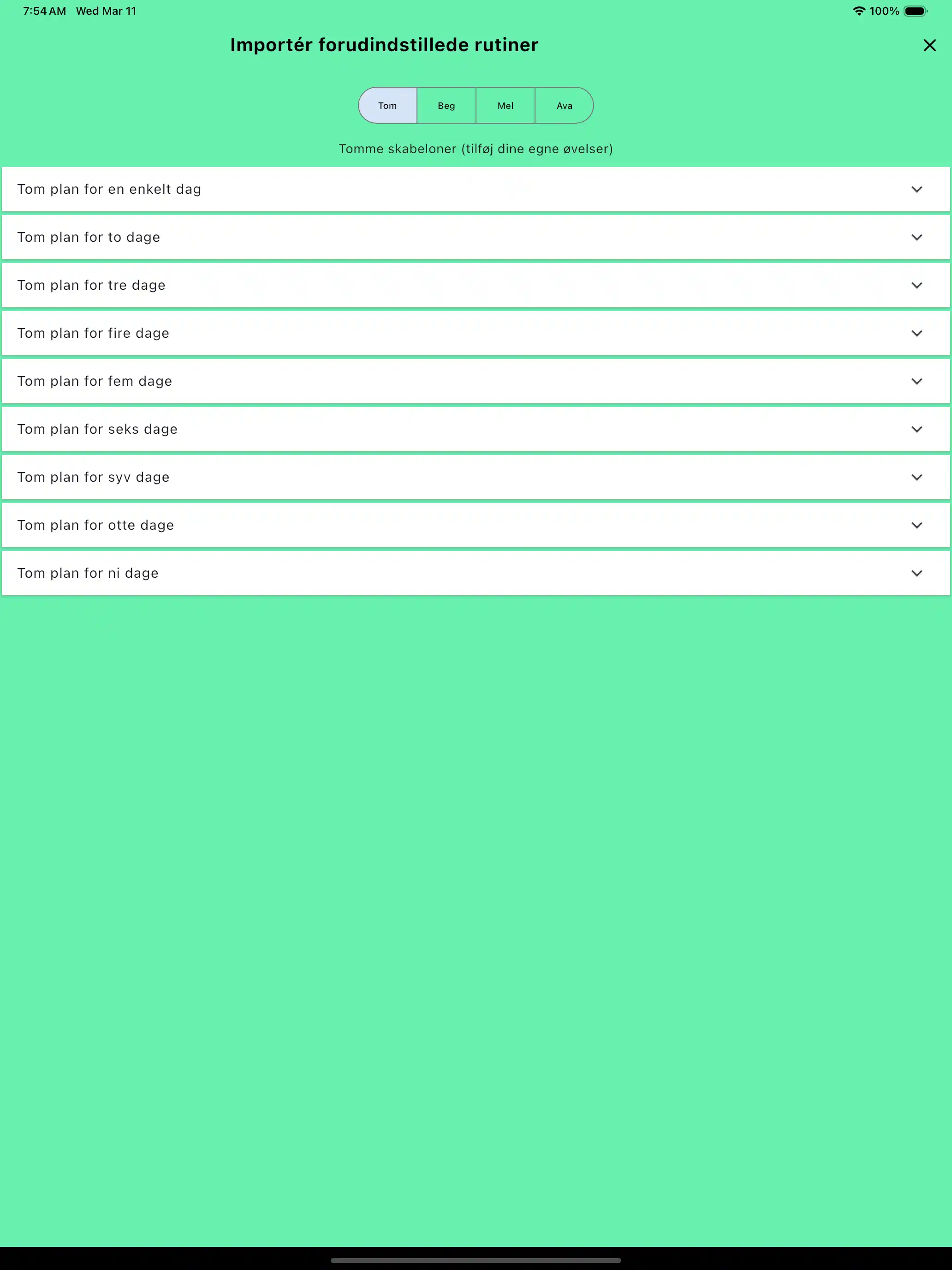 Rutiner importer forudindstillede tomme tablet