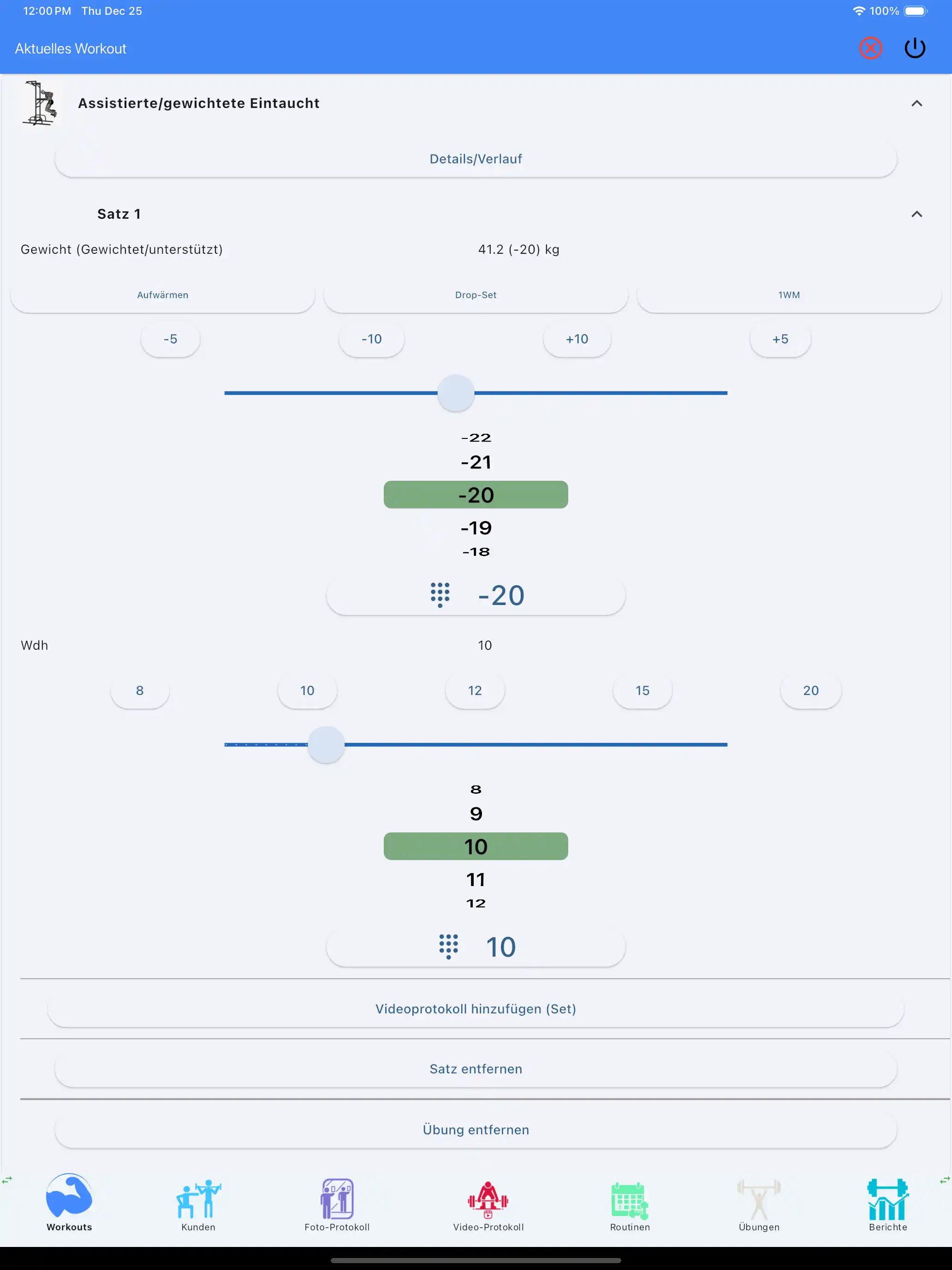 Unterstütztes/gewichtetes Training verfolgen Tablet iPad