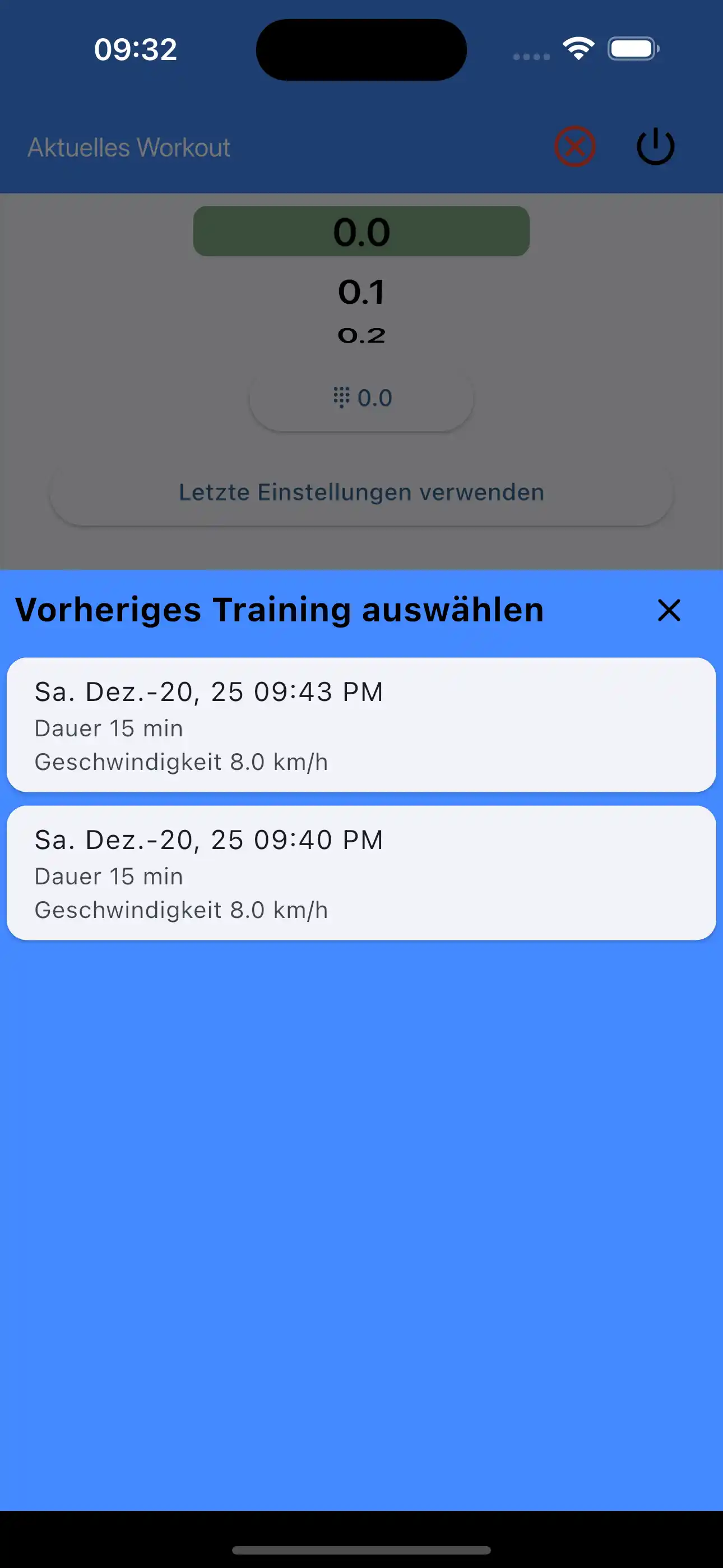 Letzte Einstellungen auswählen Cardio-Ausdauer