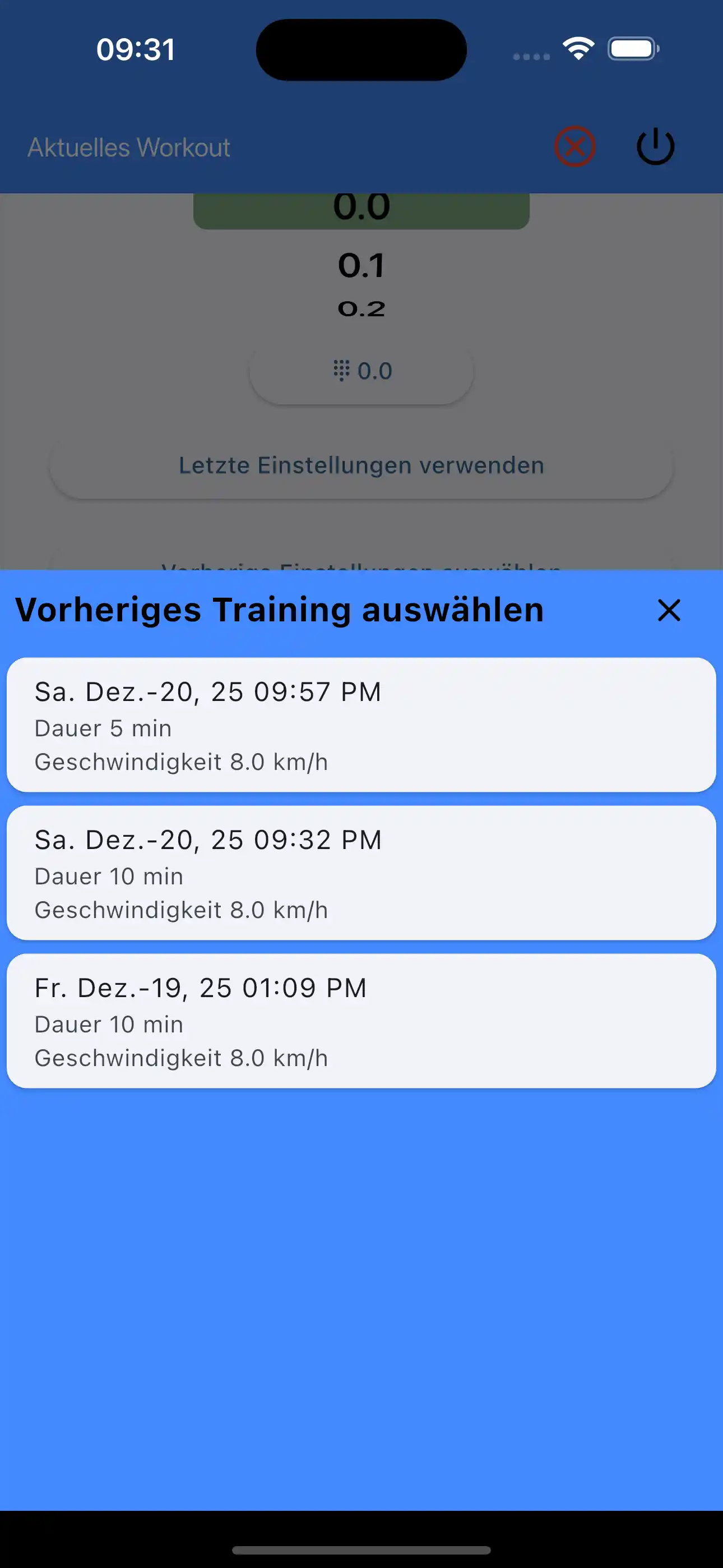 Letzte Einstellungen auswählen Cardio-Aufwärmen