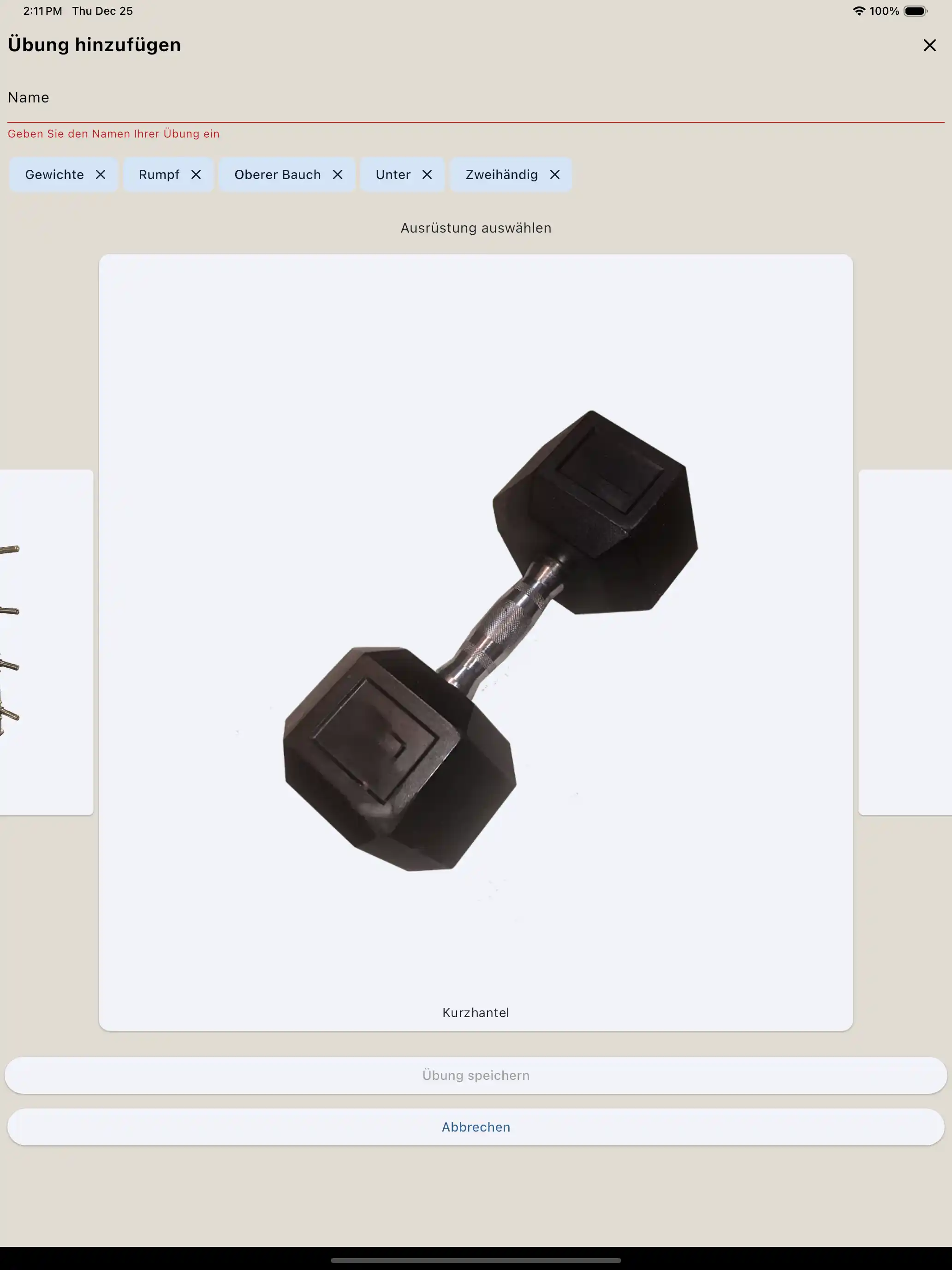 Übungsgeräte Erstellung Tablet