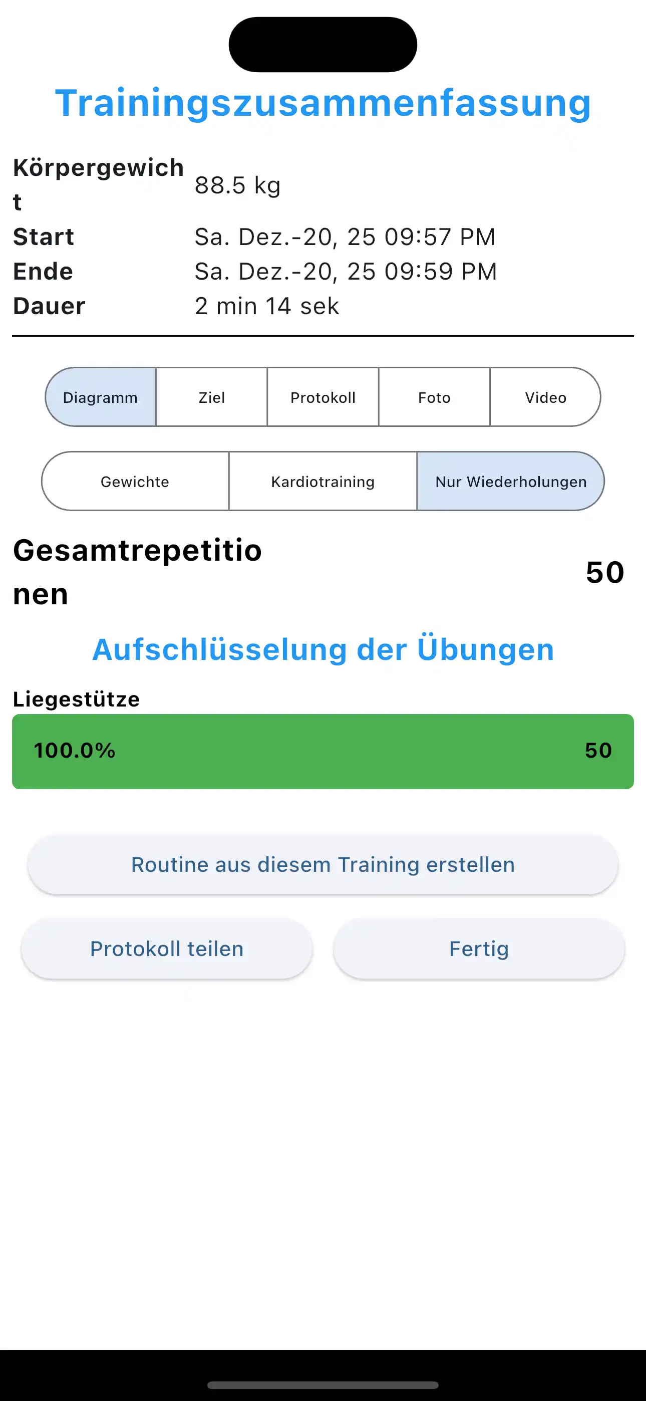 Nur Wiederholungen Trainingsübersicht