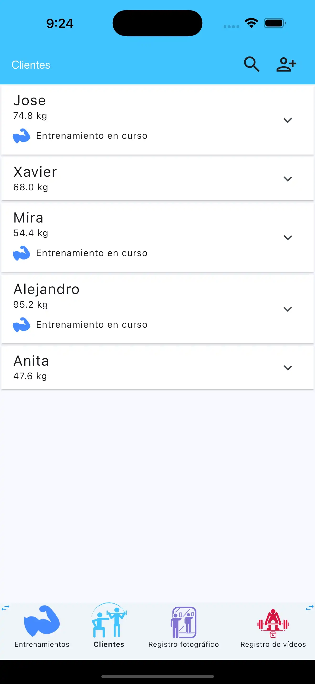 Lista de clientes del entrenador personal con teléfono