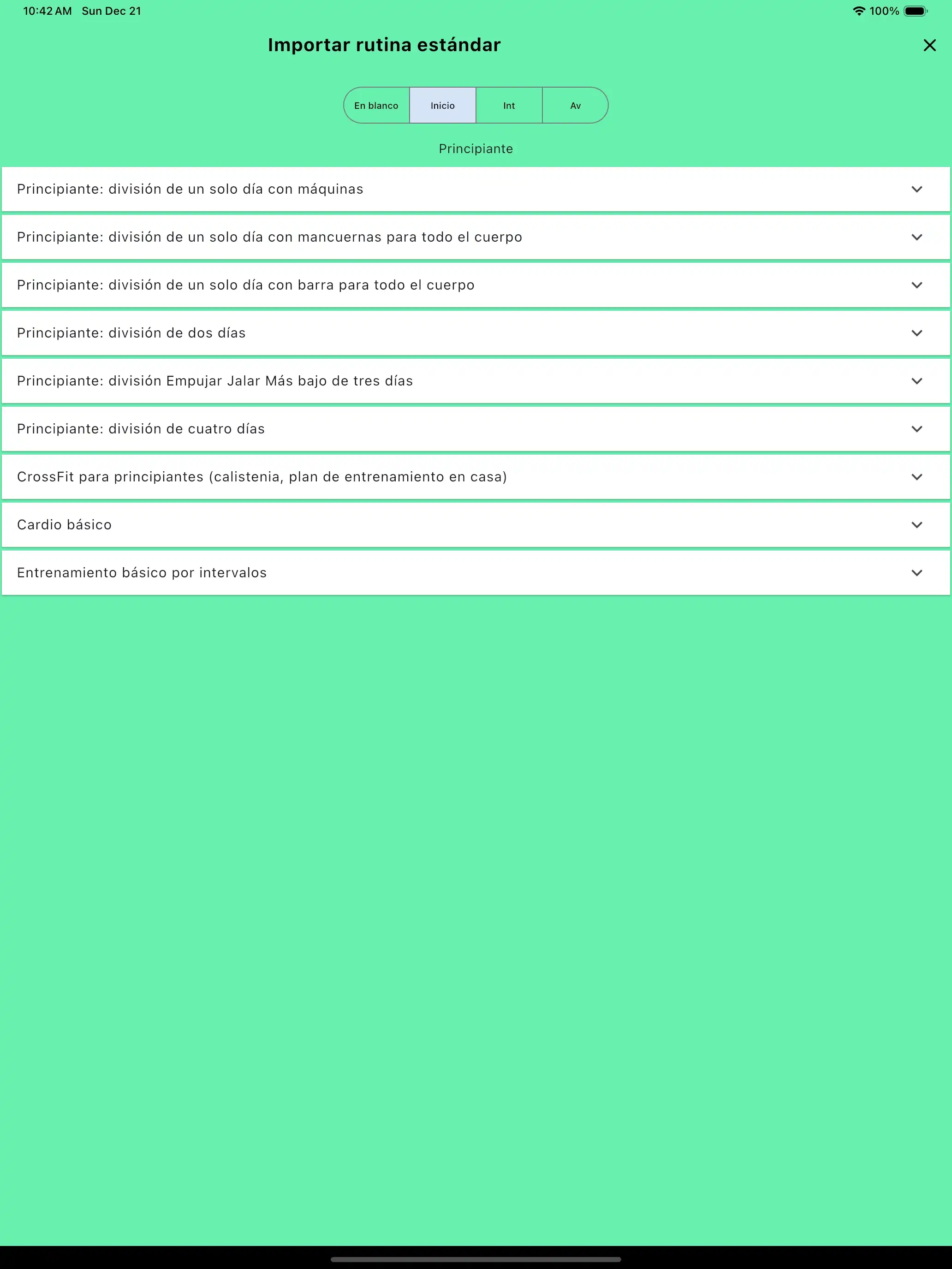 Rutinas importan plantillas predeterminadas tableta
