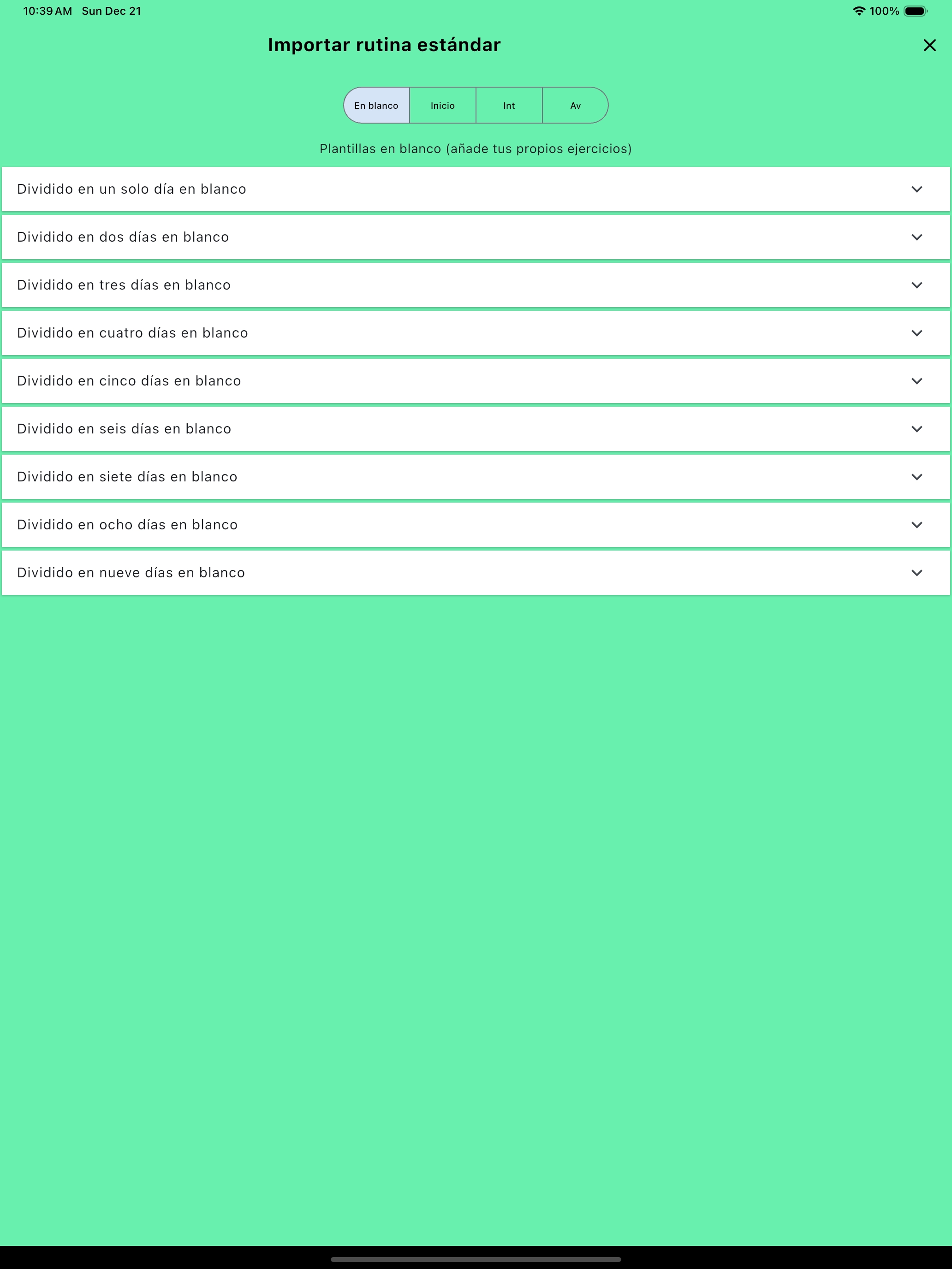 Rutinas importan plantillas predeterminadas tableta