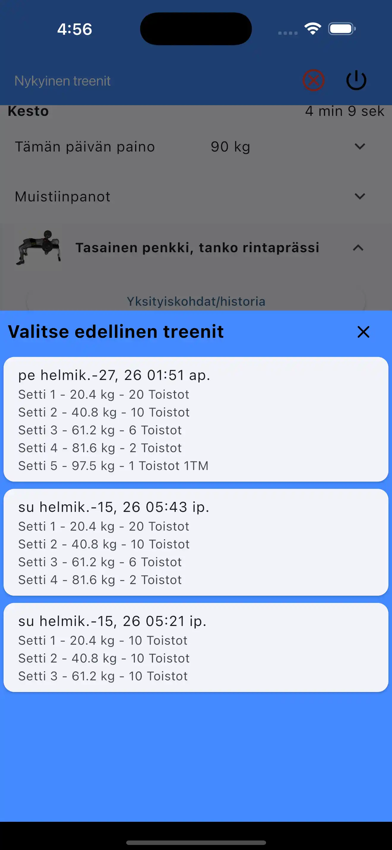 Valitse edelliset sarjat painonnostossa