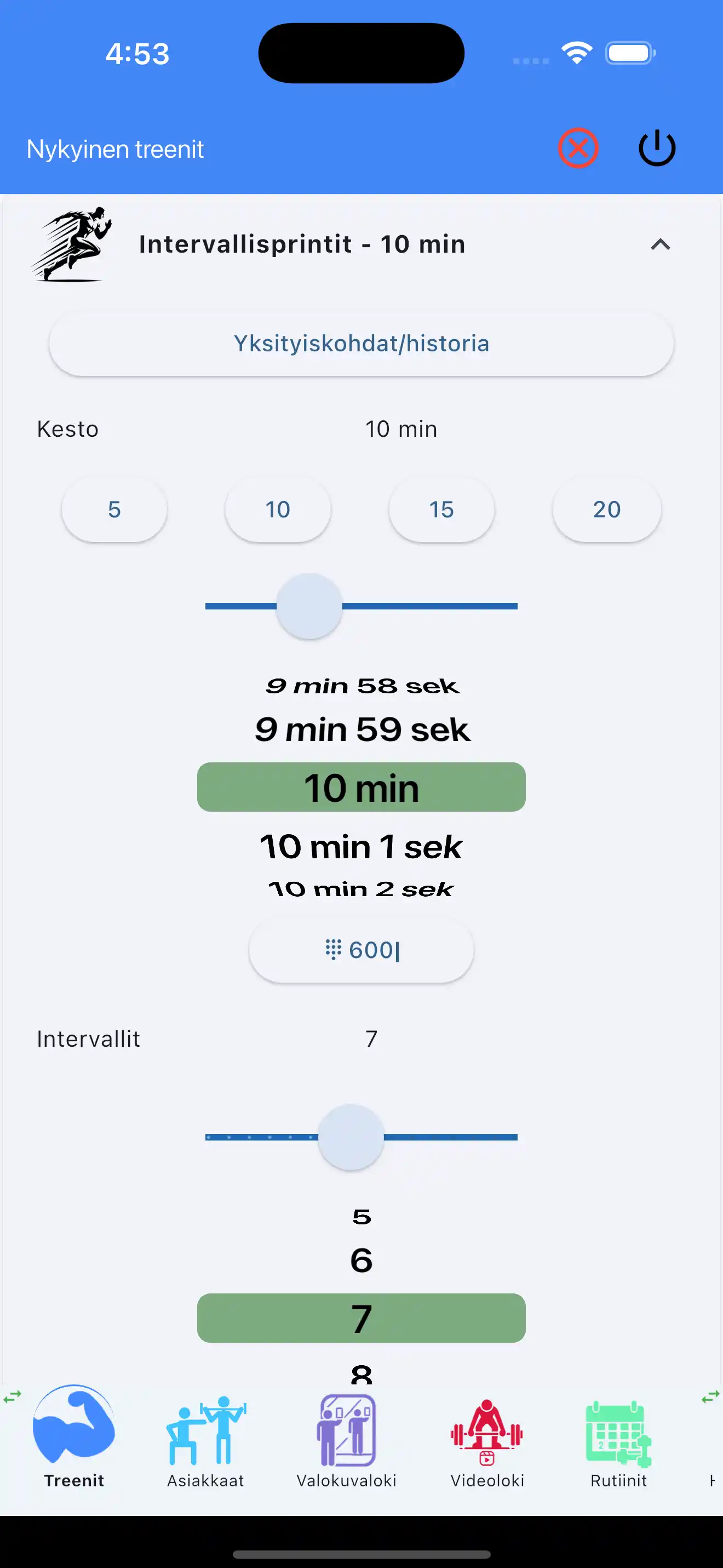 Yhden sormen syöttö kardio-intervalleissa