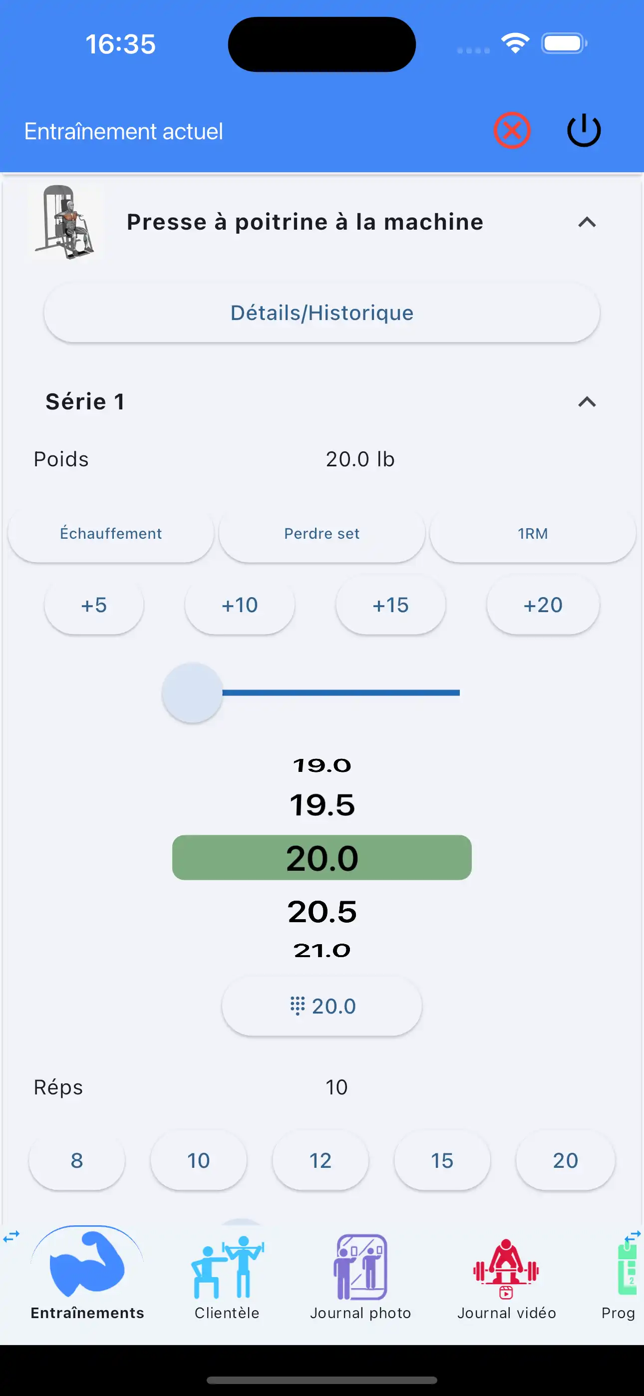 Téléphone pour le suivi des exercices sur machine à charges guidées