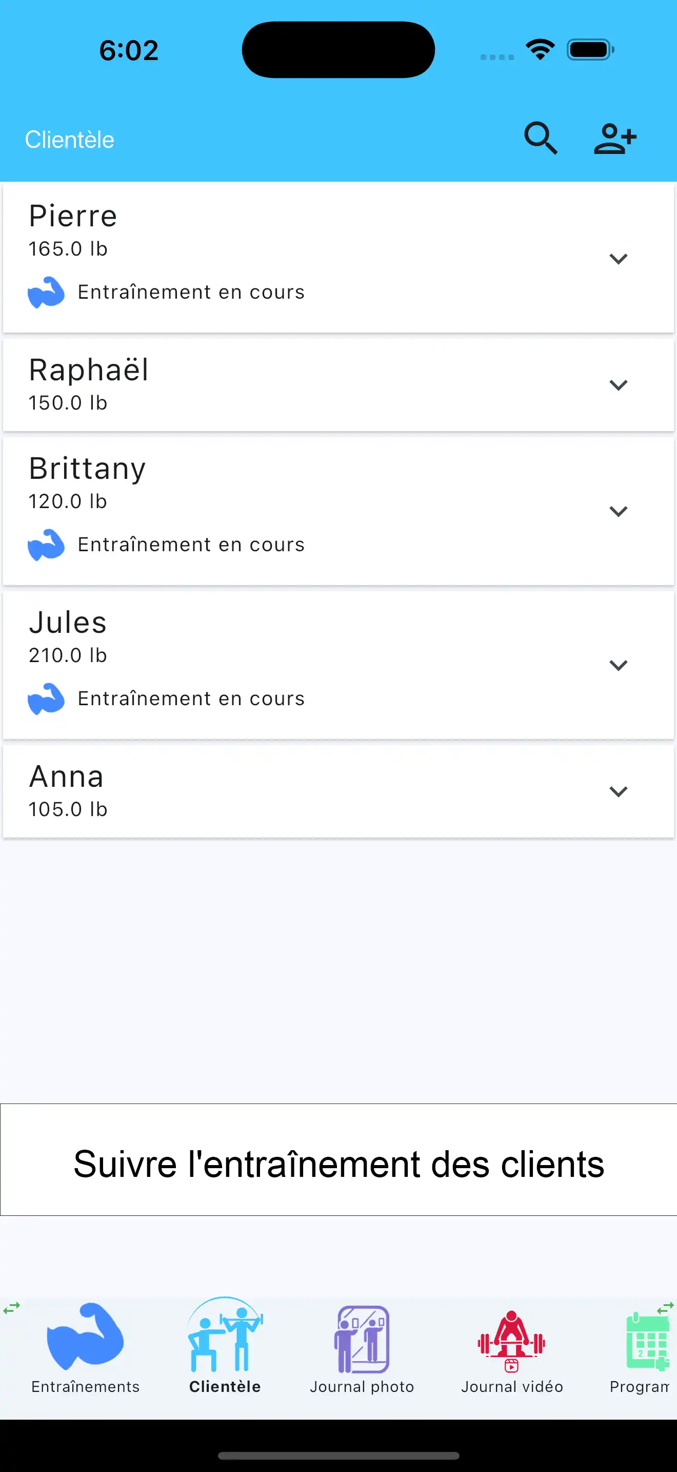 Liste de clients des entraîneurs personnels téléphone