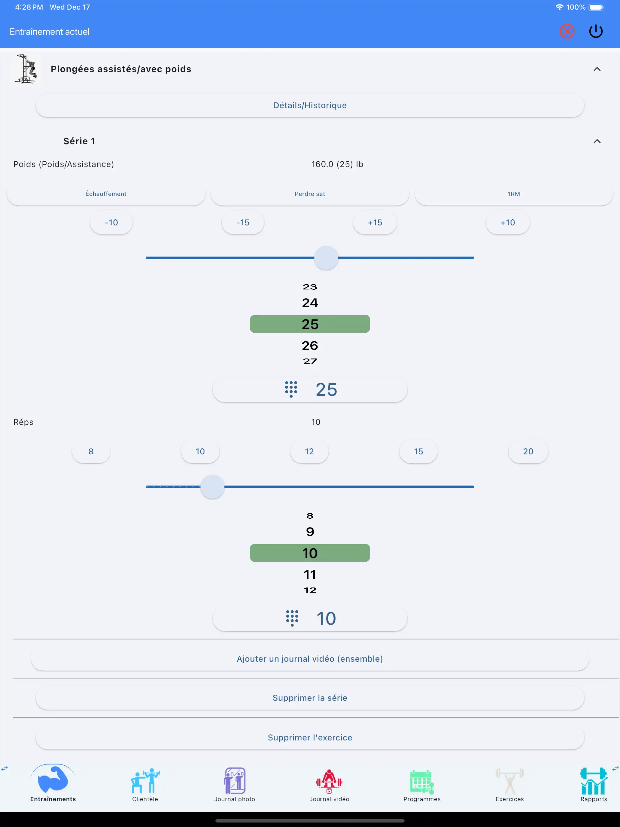 Tablette iPad de suivi des exercices assistés/pondérés