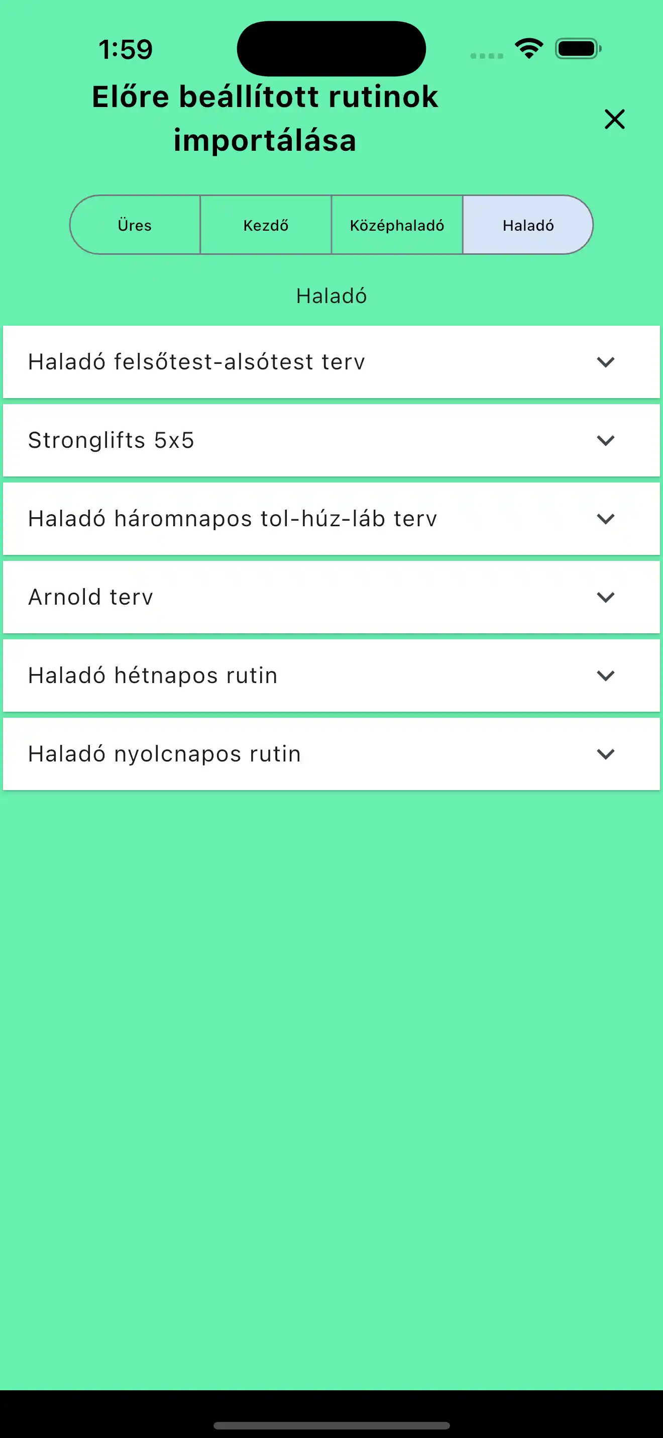 Rutinok importálása alapértelmezett sablonok telefonon