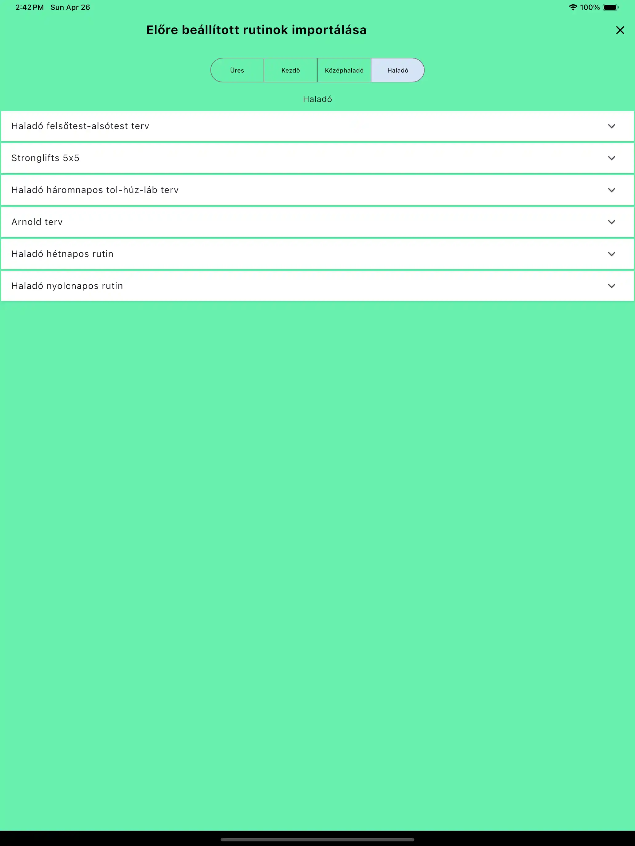 Rutinok importálása alapértelmezett sablonok tableten