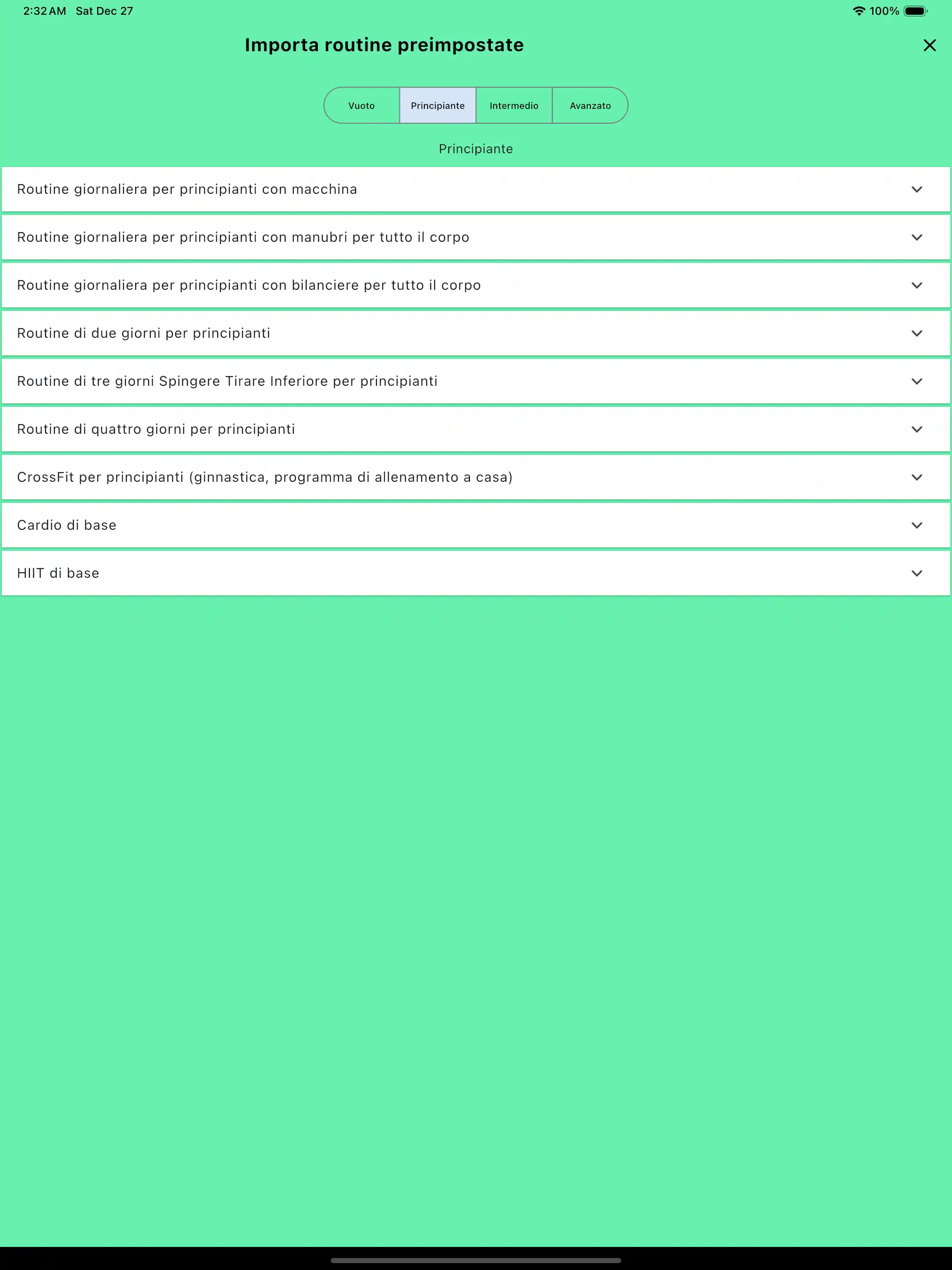 Importazione routine modelli predefiniti tablet