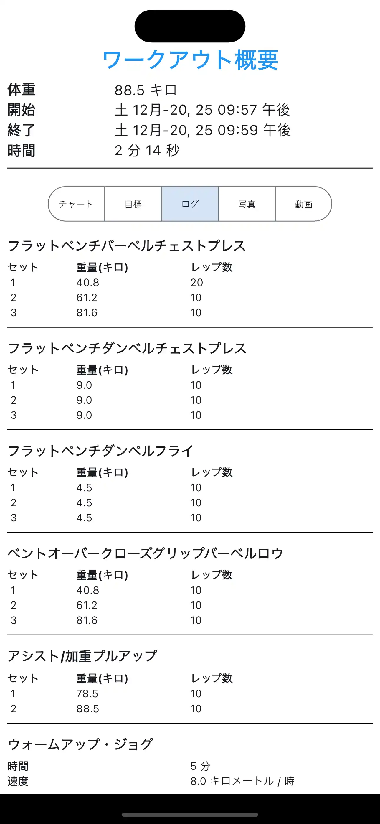 ワークアウトログのサンプル
