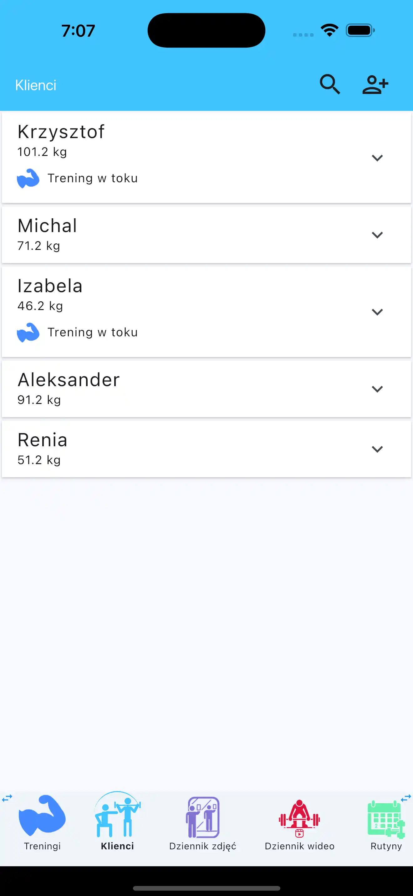 Lista klientów trenera personalnego na telefon