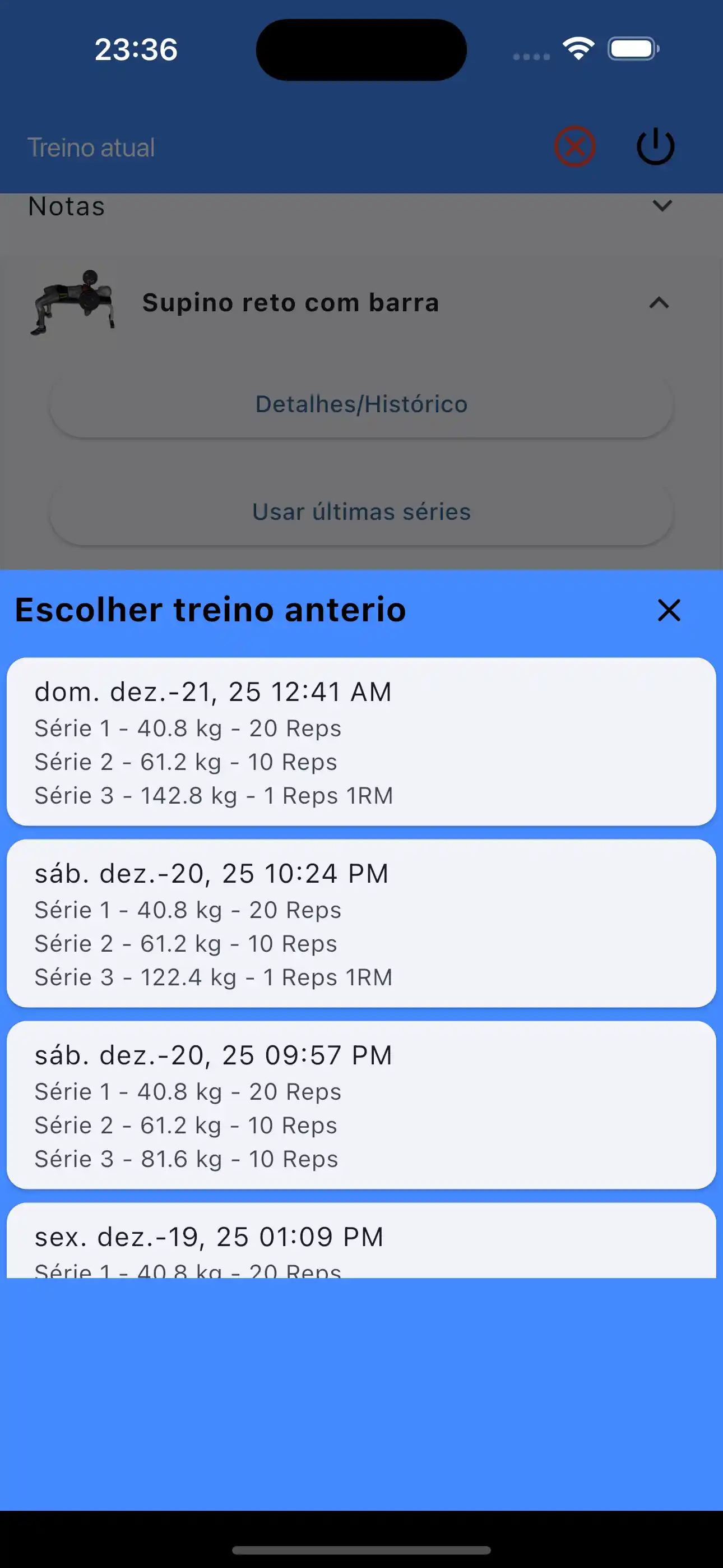 Escolher Últimos Conjuntos de Treino de Peso