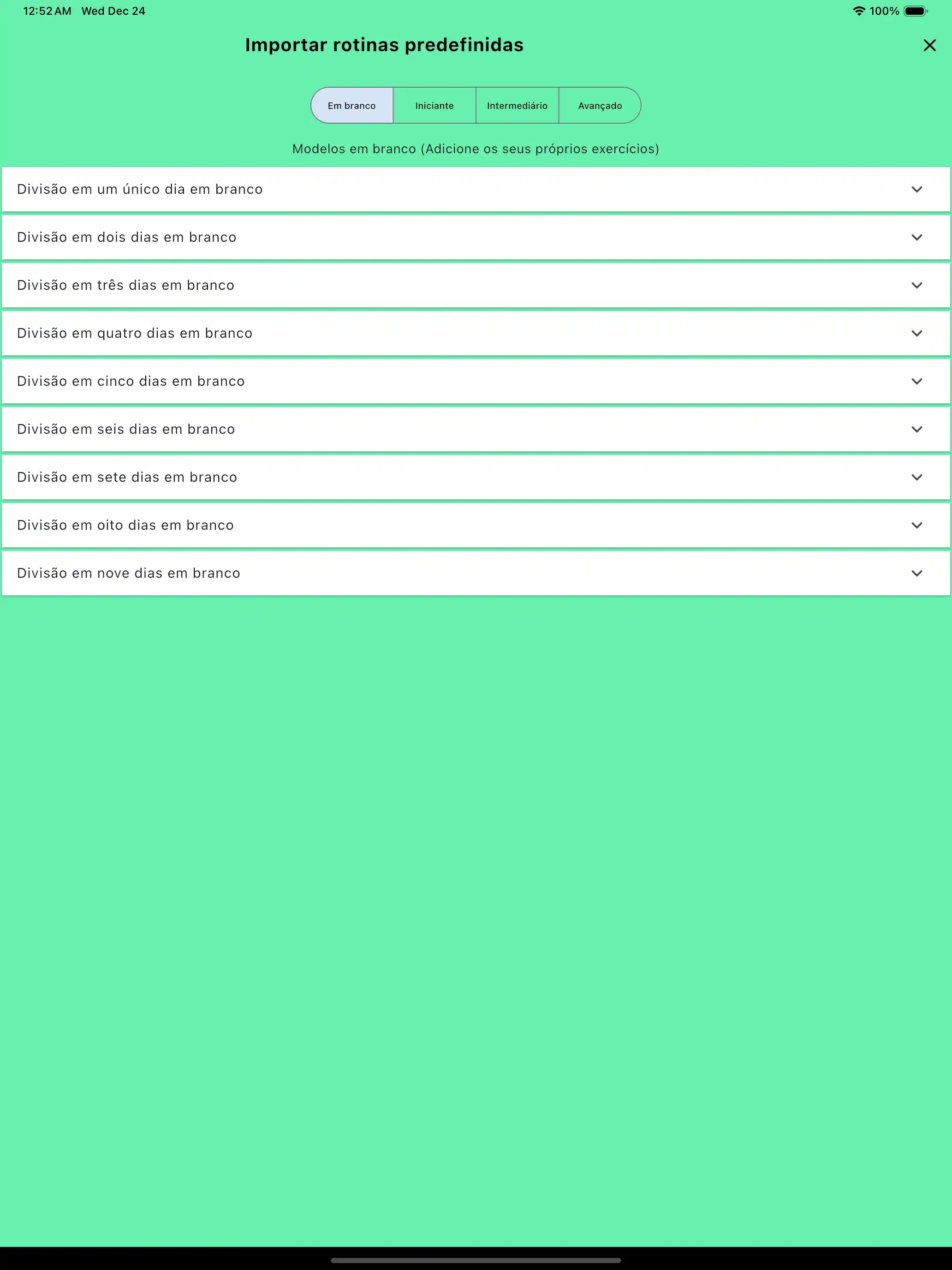 Rotinas importar modelos em branco para tablet