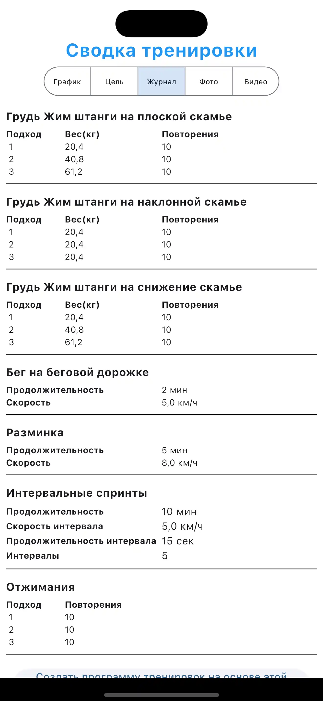 Пример журнала тренировки