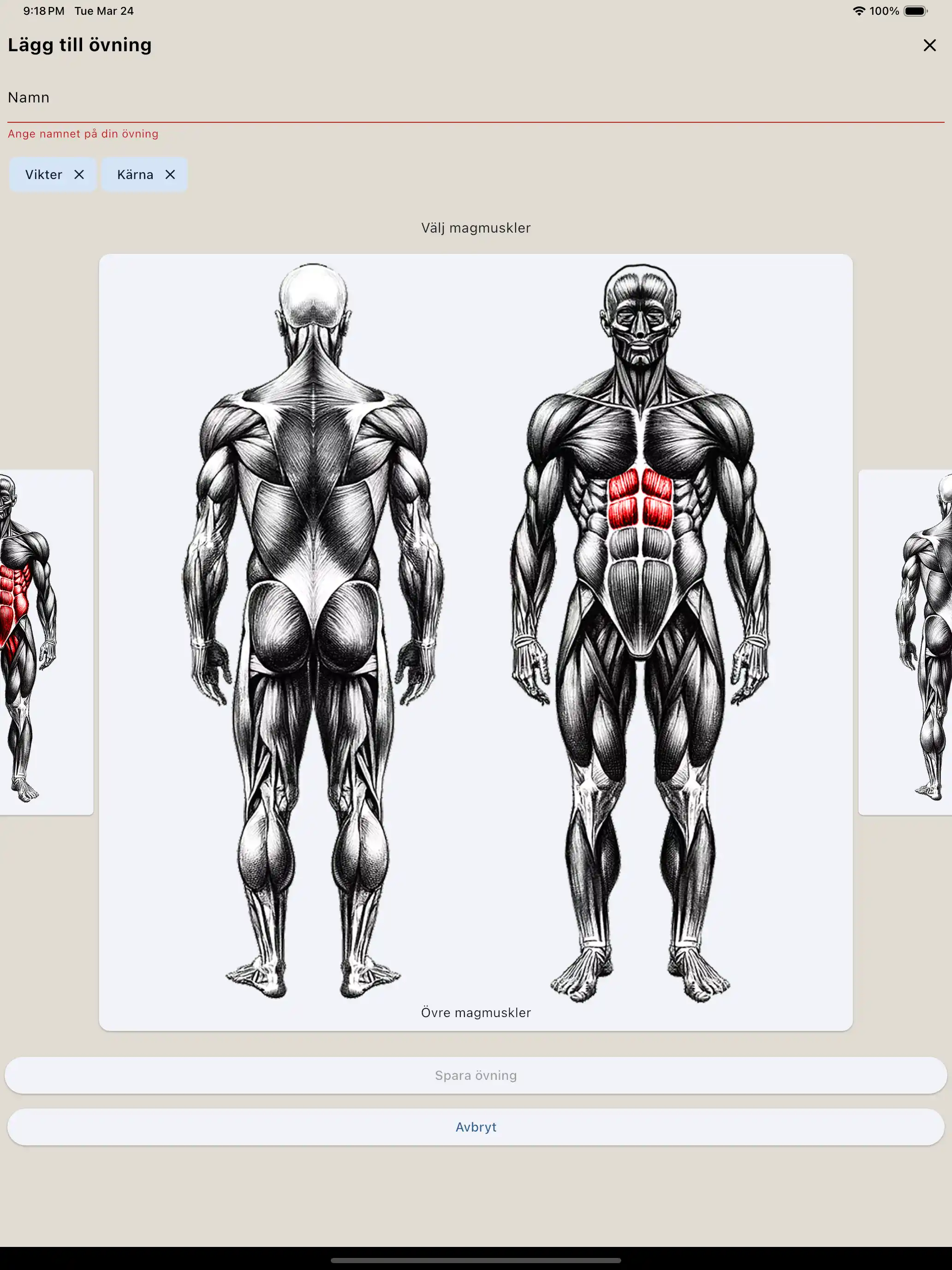 Övningsskapande muskelgrupp surfplatta