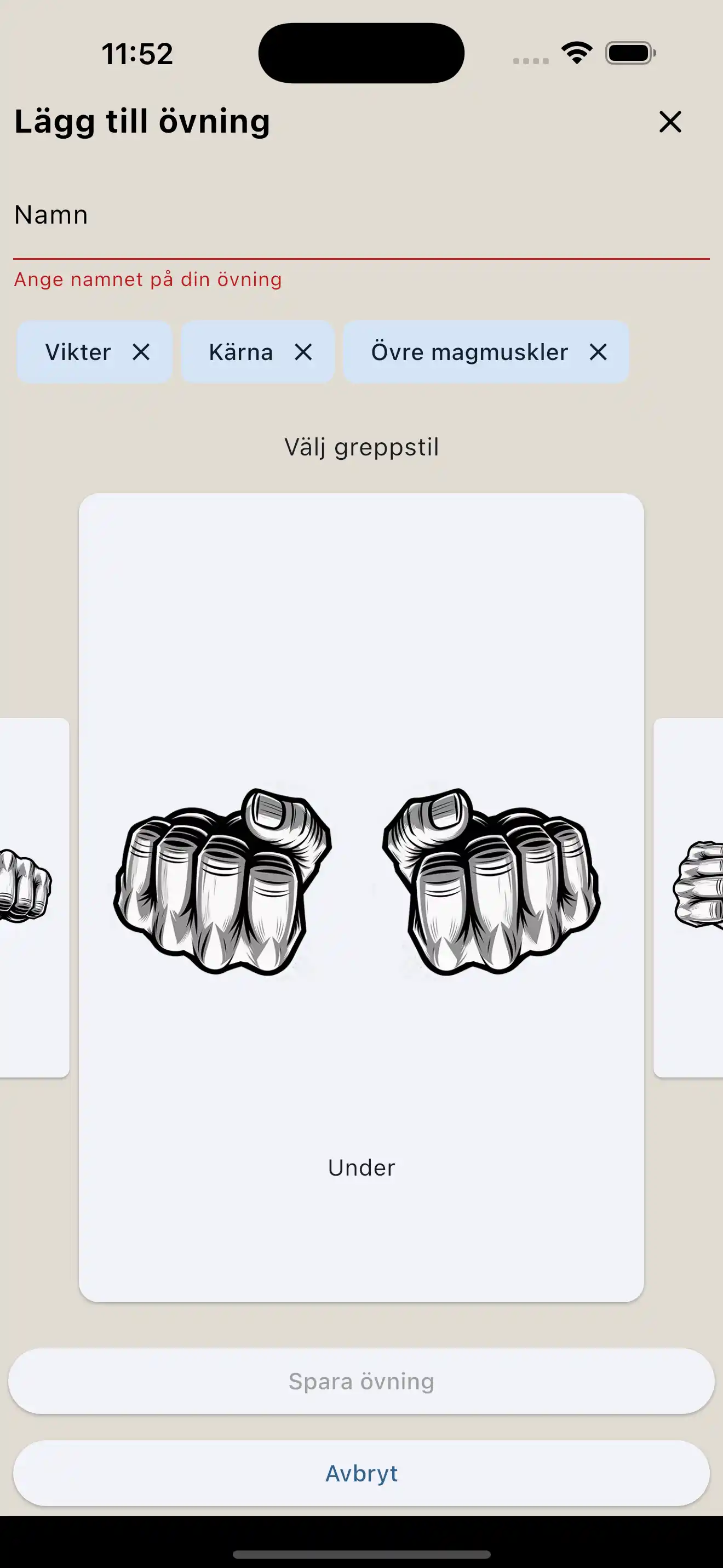 Övningsskapande grepp telefon