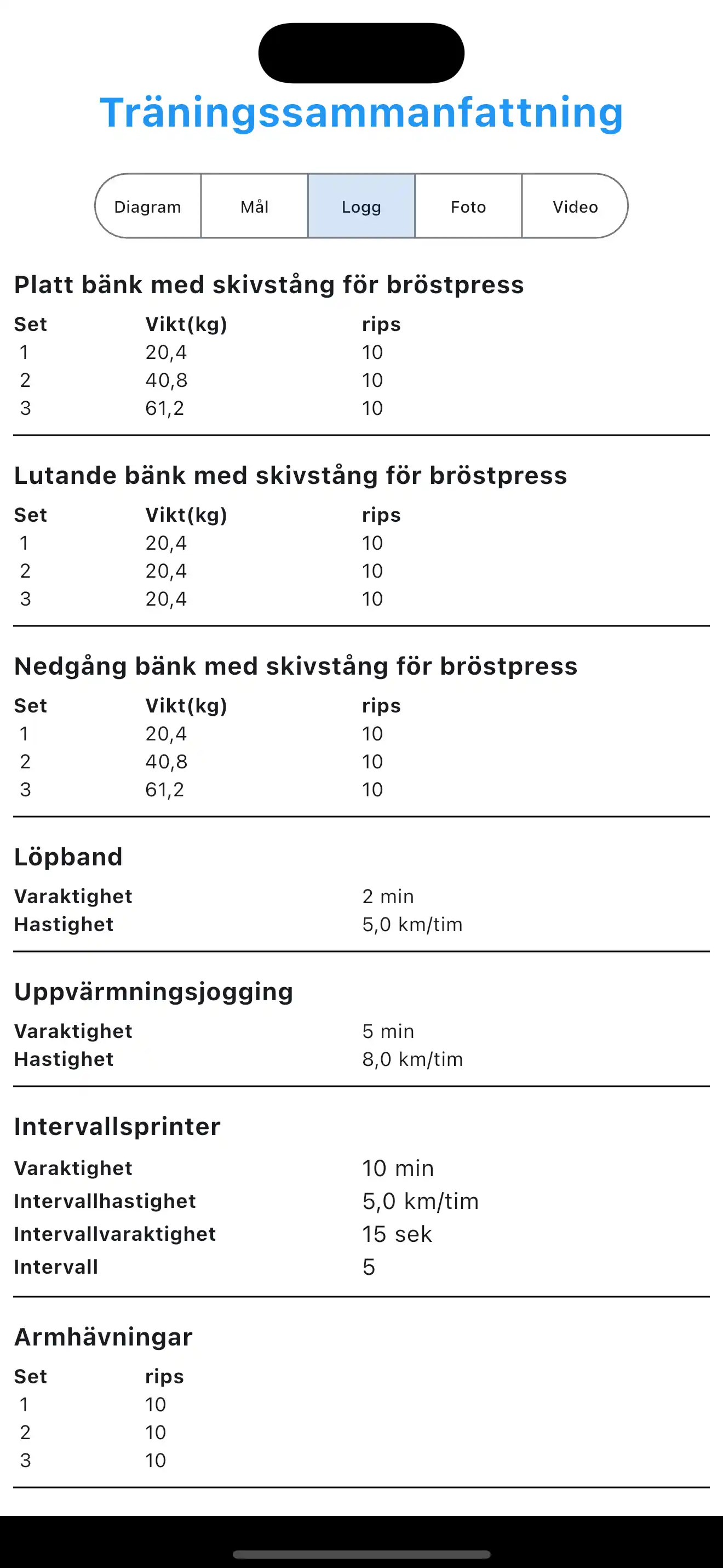 Exempel på Träningslogg
