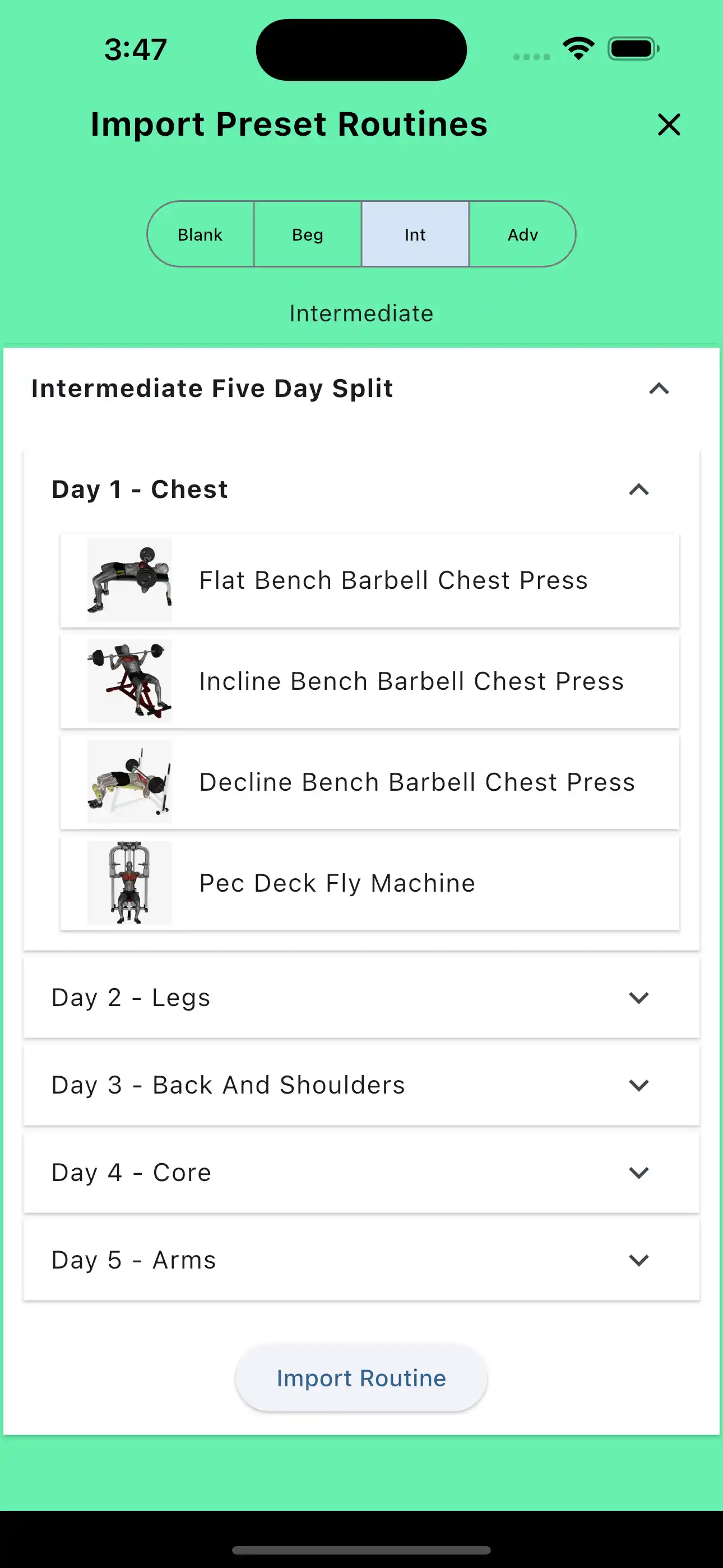 Intermediate Five Day Split Day 1 Chest and Arms