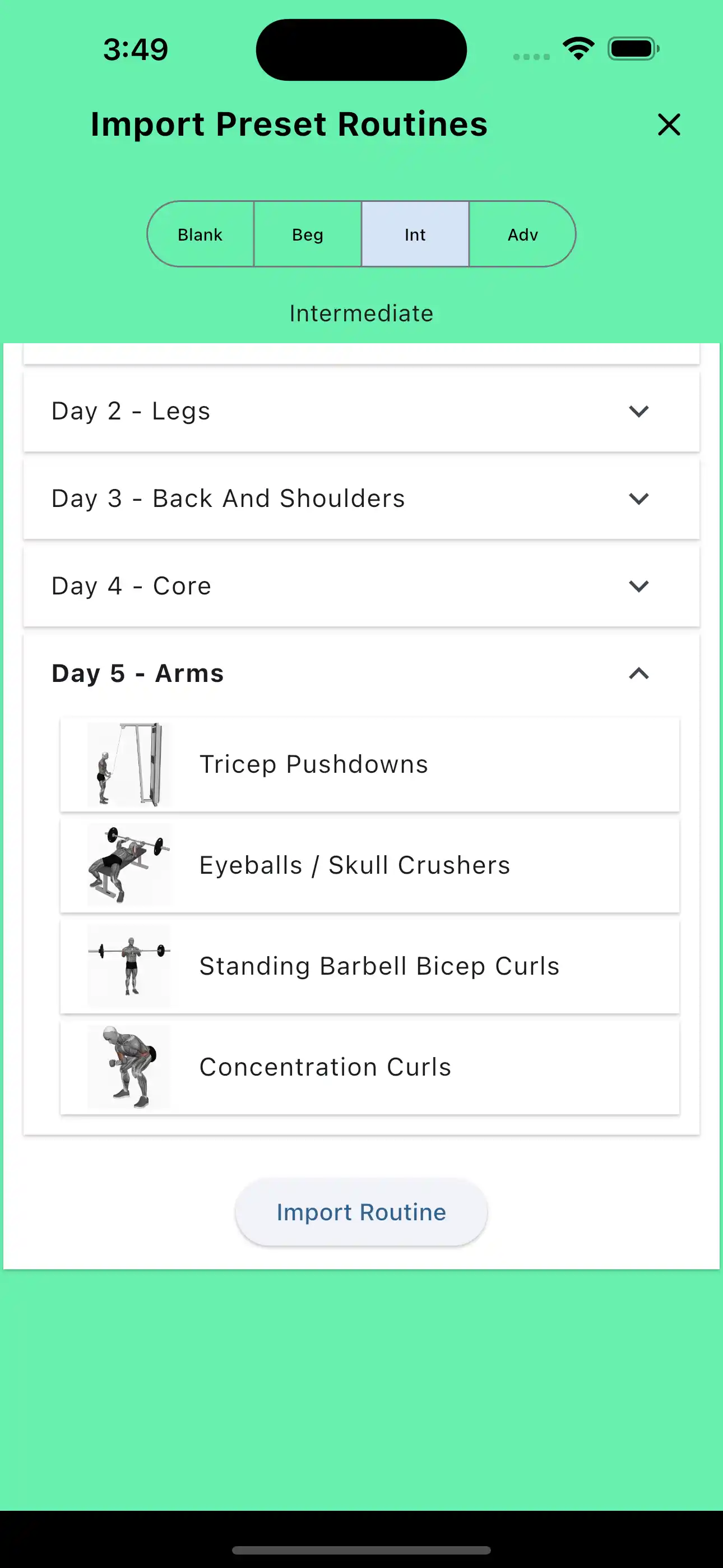 Intermediate Five Day Split Day 5 Arms